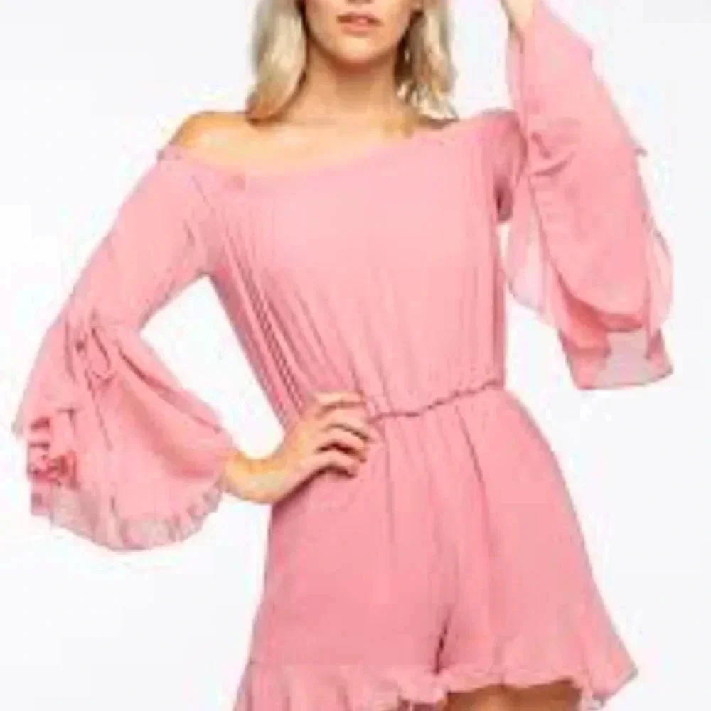 Papaya Pink Off The Shoulder Romper‎ Tiered Bell Sleeve Ruffle Hem Summer Boho